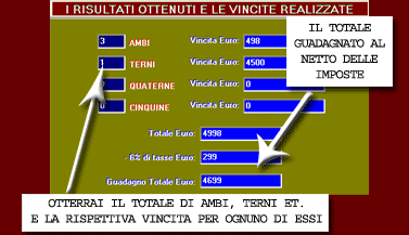 I risultati della vincita, con il totale di ambi, terni etc. e le vincite per ognuno di essi, nonch� il totale della vincita al netto d'imposta